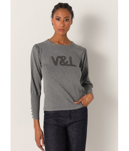 V&LUCCHINO - Pull Col Rond Logo Perles et bouttons poignets