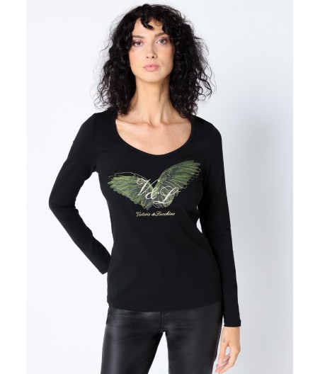 V&LUCCHINO - T-shirt scoop neckline long sleeve Graphic Angel Print and embroidery