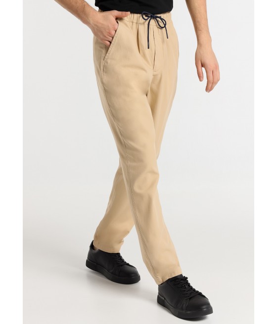 V&LUCCHINO - Pantalon Chino Slim - Tiro Medio con goma en la cintura de lino|Tallaje en Pulgadas