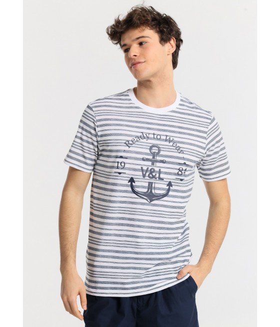 V&LUCCHINO - Camiseta de manga corta a raya con cuello redondo