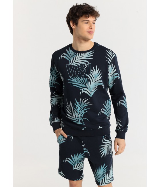 V&LUCCHINO - Sweat-shirt Col rond All-Over Imprimé Feuilles de palmier