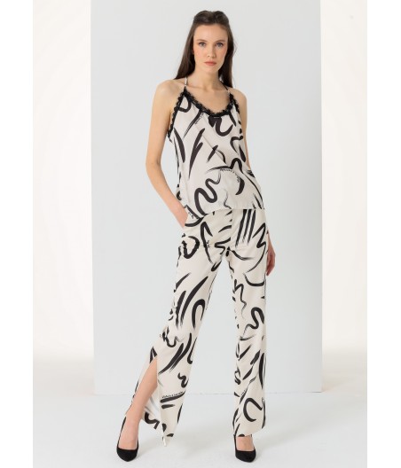 V&LUCCHINO - Trouser Straight Wide leg - High Waist- All-Over print open at side bottom  |Size in Inches