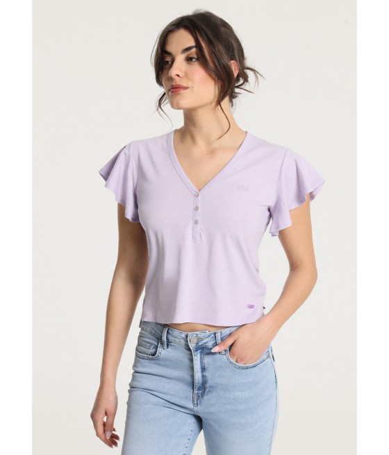 V&LUCCHINO - T-shirt with buttons & Flutter Sleeve