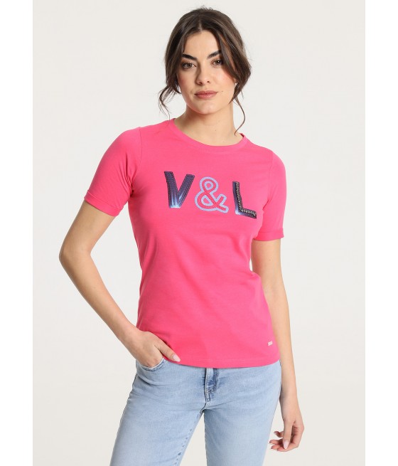 V&LUCCHINO - Camiseta de manga corta con flecos V&L lentejuelas