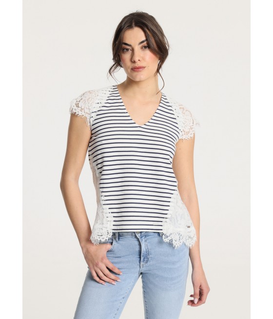 V&LUCCHINO - T-shirt Short Sleeve V neck stripes -lace details