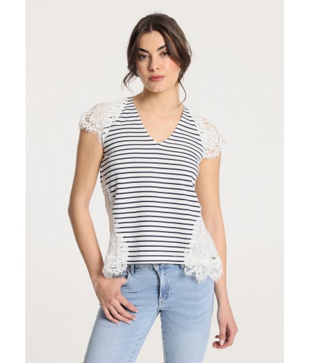 V&LUCCHINO - T-shirt Short Sleeve V neck stripes -lace details