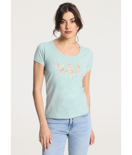 V&LUCCHINO - Kurzärmeliges Basic-T-Shirt mit Blütenblatt-Grafik