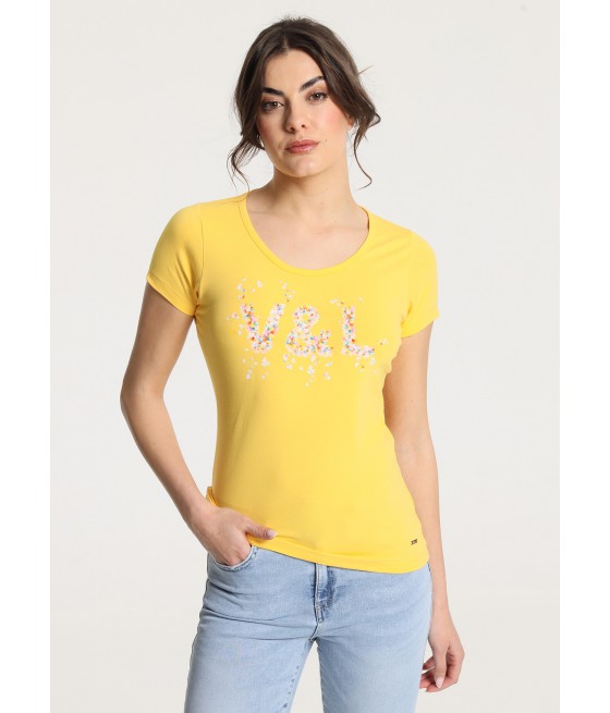 V&LUCCHINO - Basic-T-Shirt mit kurzen Ärmeln und Blütenblatt-Grafik