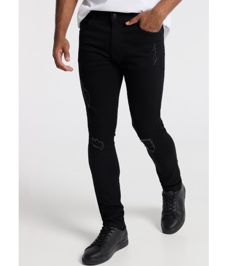 SIX VALVES - Pantalon Denim Black Rotos Pitillo   | Tallaje en Pulgadas